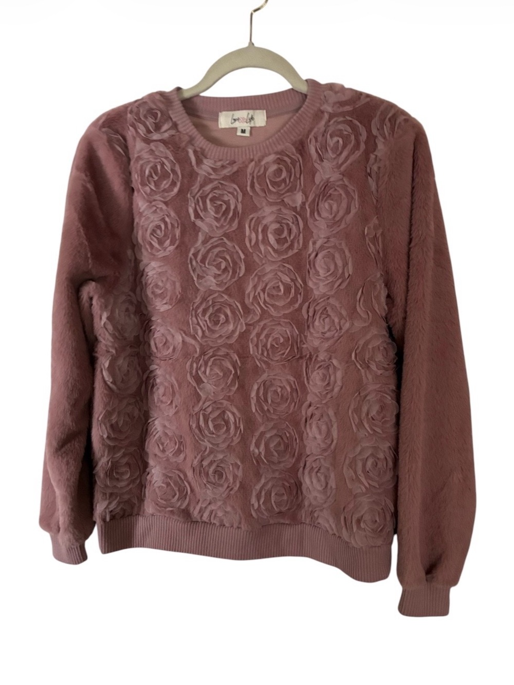 Love Life Rose Textured Faux Fur Crewneck Top in Dusty Rose/Mauve color Sz M